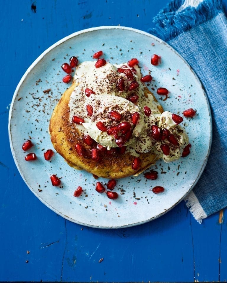 Pancake waffles with ice cream and pomegranate recipe delicious. magazine