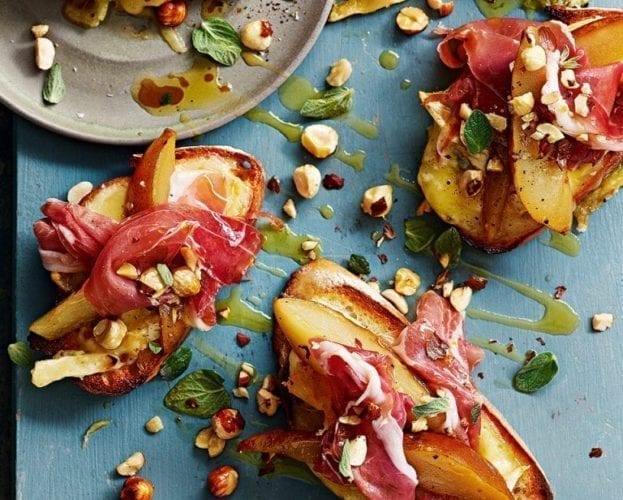 Fontina and cambozola on sourdough toasts with parma ham