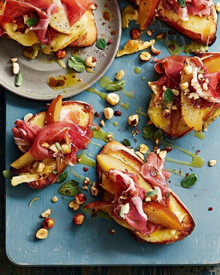 Fontina and cambozola on sourdough toasts with parma ham