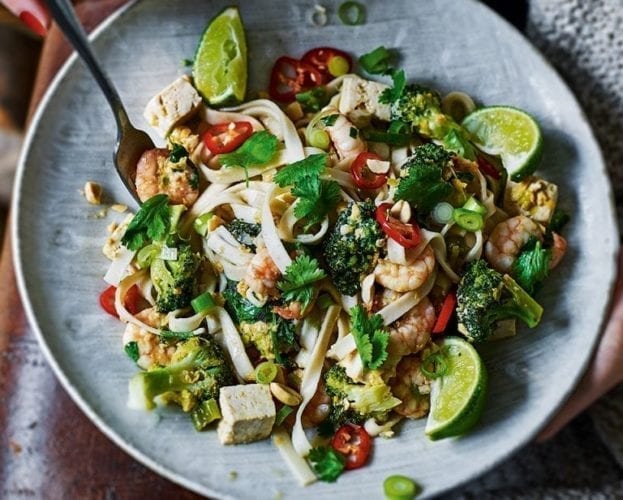 Prawn and tofu pad Thai on a plate