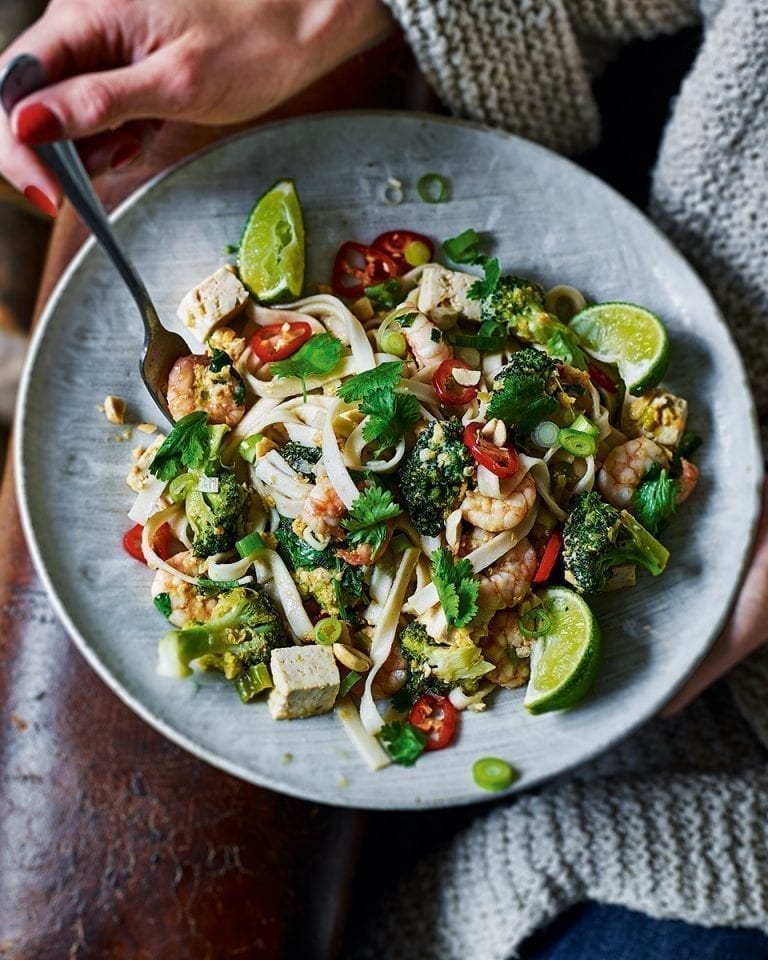 Prawn and tofu pad Thai on a plate