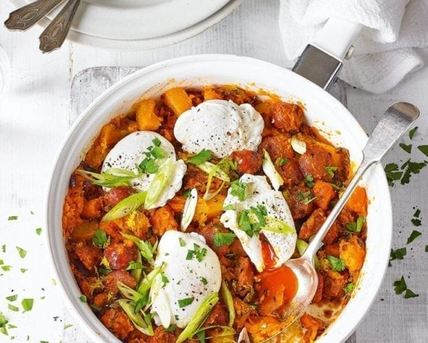 Roast sweet potato, chorizo and onion hash with poached eggs