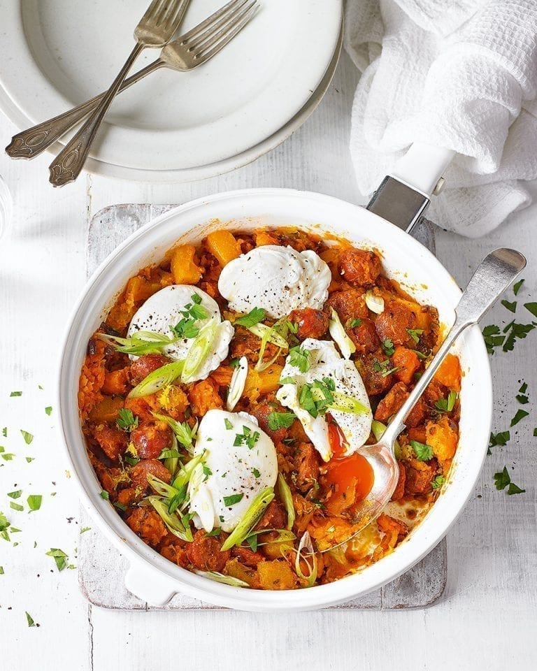 Roast sweet potato, chorizo and onion hash with poached eggs