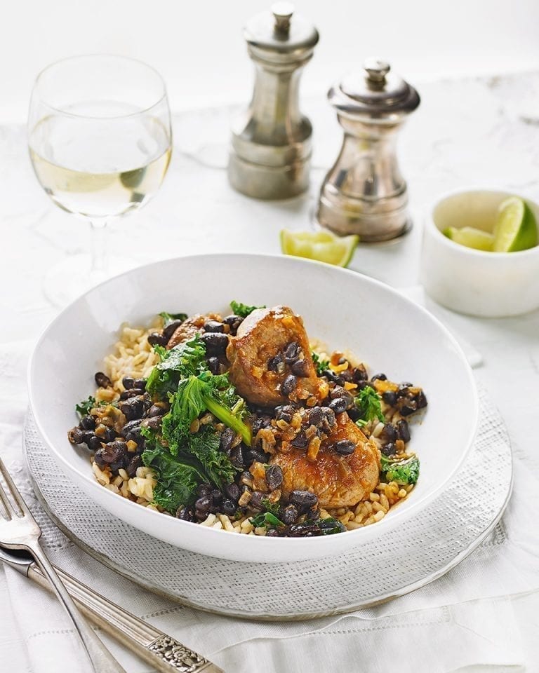 Smoky pork and black bean stew with kale