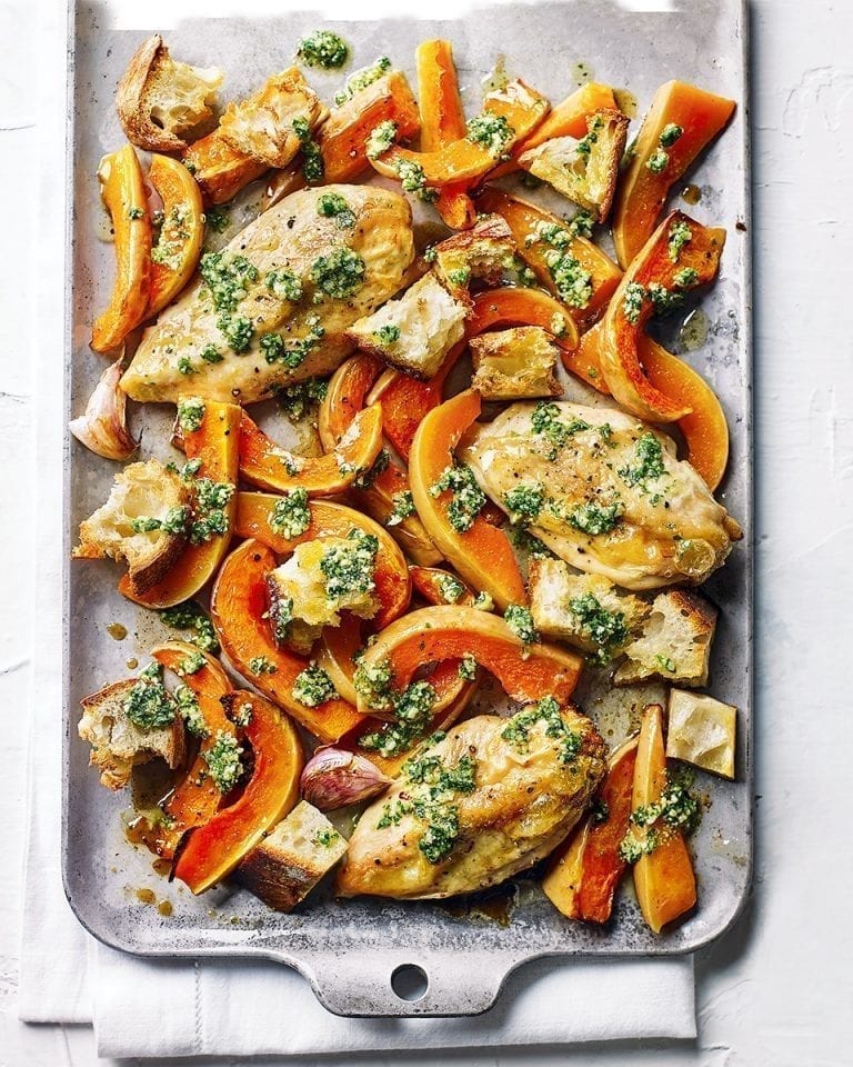 Tray-baked chicken with parsley, pesto and sourdough croutons