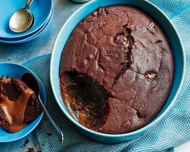 Chocolate and caramel sponge pudding with chocolate custard