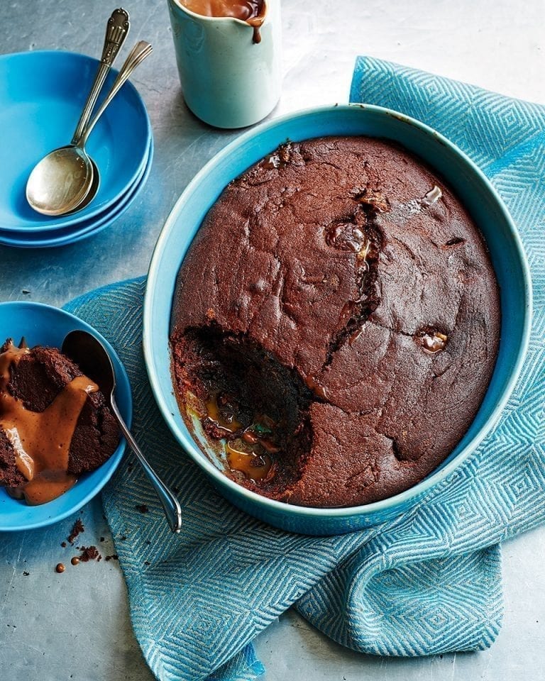 Chocolate and caramel sponge pudding with chocolate custard