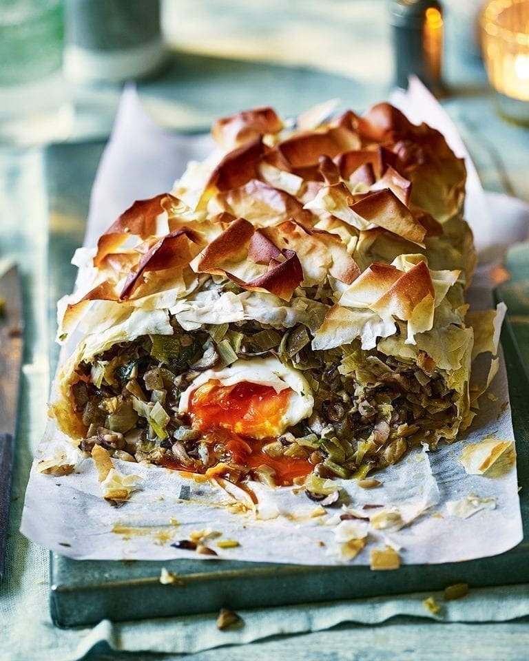 Mushroom and leek filo pie