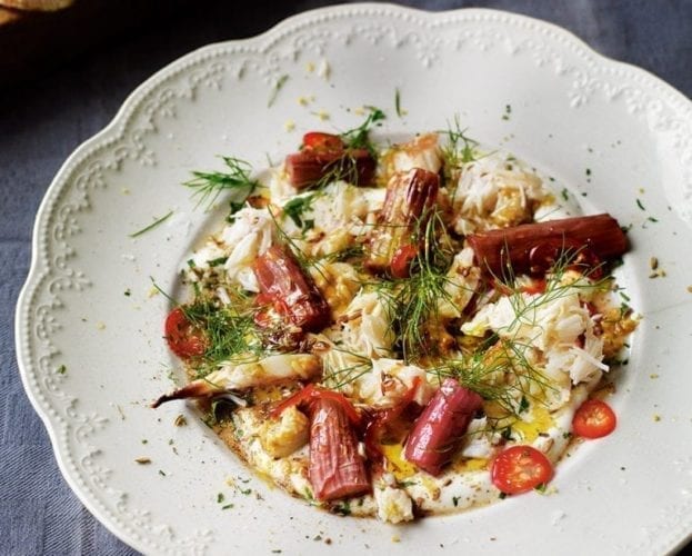 Fresh crab with rhubarb, chilli and fennel seed yogurt
