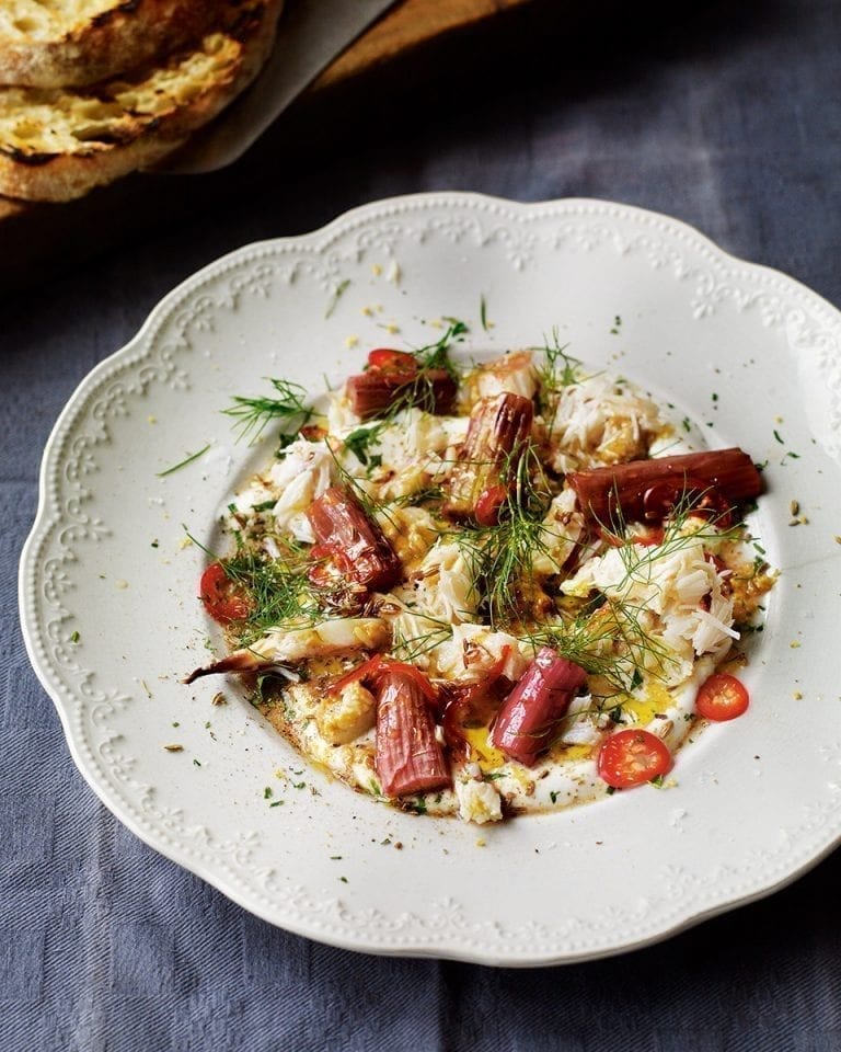 Fresh crab with rhubarb, chilli and fennel seed yogurt