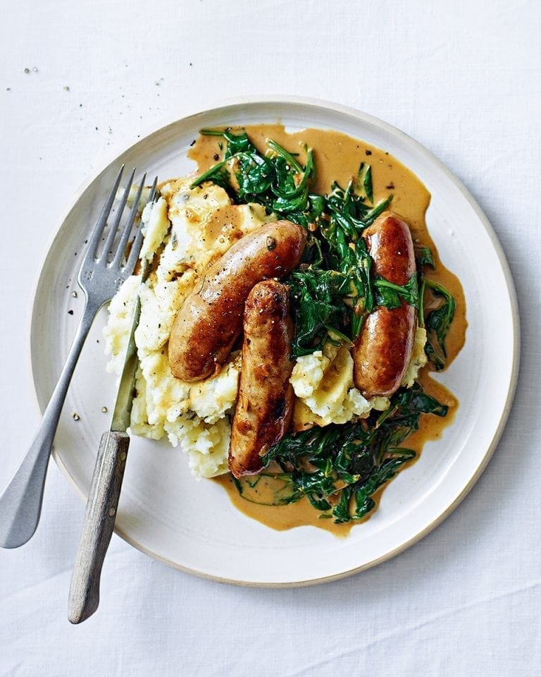 Sausages with creamy spinach sauce and garlic and caper mash recipe