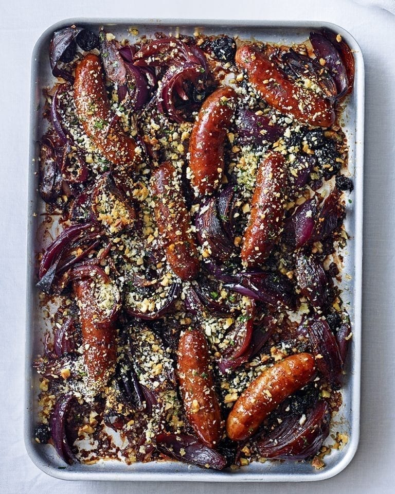 Red wine sausage bake with herby breadcrumbs