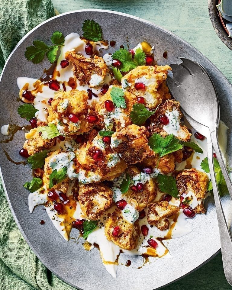 Cauli chips with pomegranate and yogurt