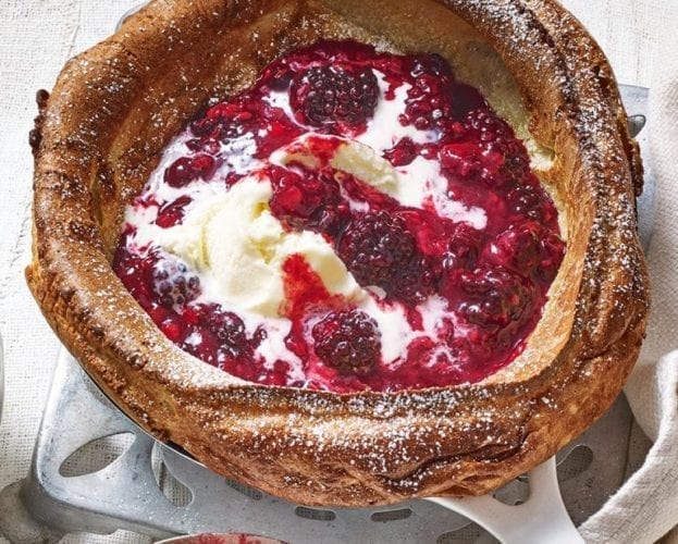 Dutch baby with fruity compote and ice cream
