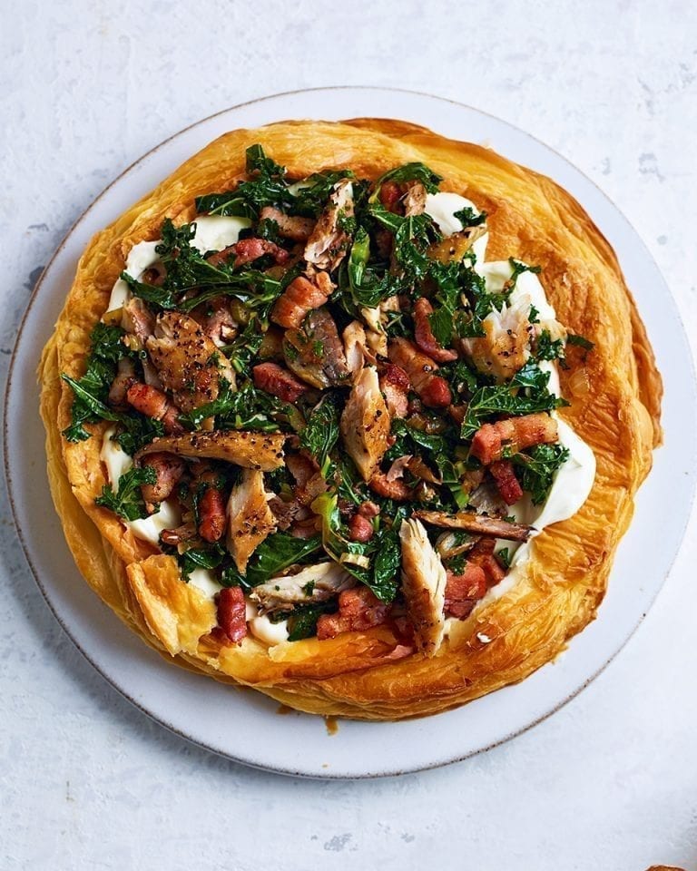 Mackerel and kale puff pastry tart