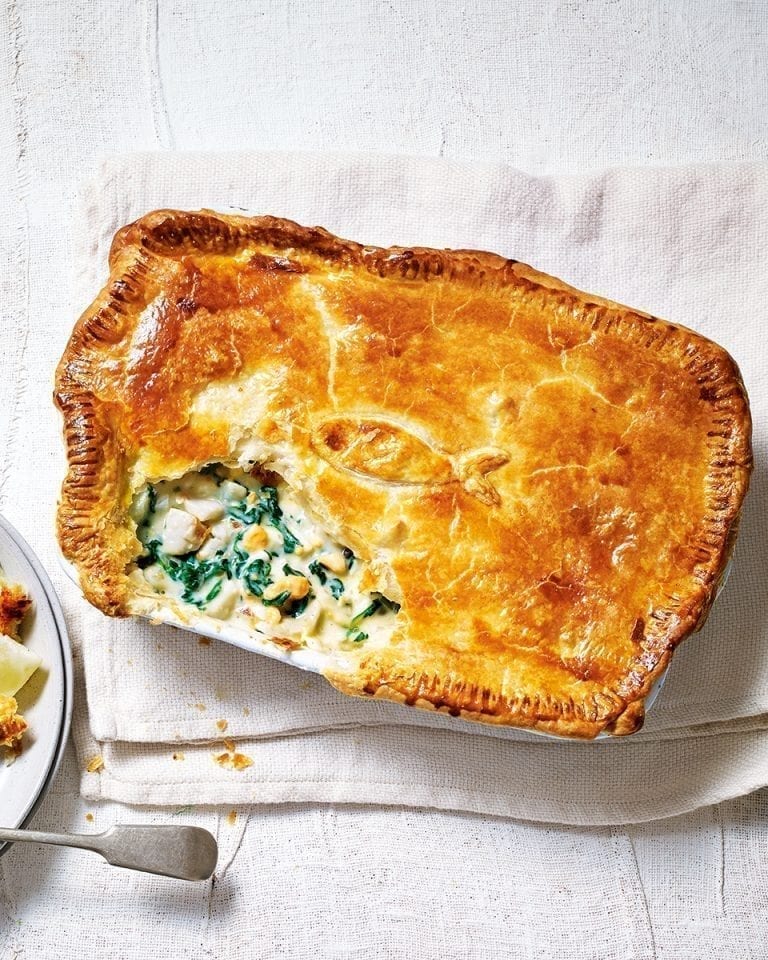 All-in-one, potato, spinach and caper fish pie