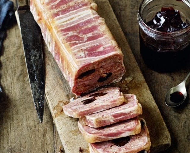 Venison terrine with prunes, orange, juniper and thyme