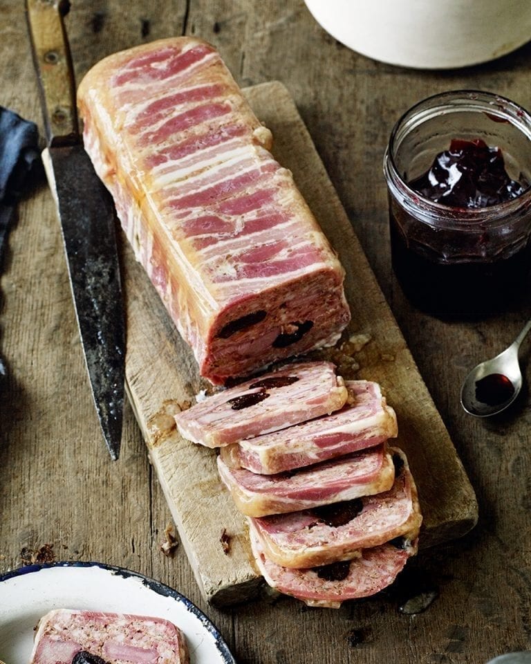 Venison terrine with prunes, orange, juniper and thyme