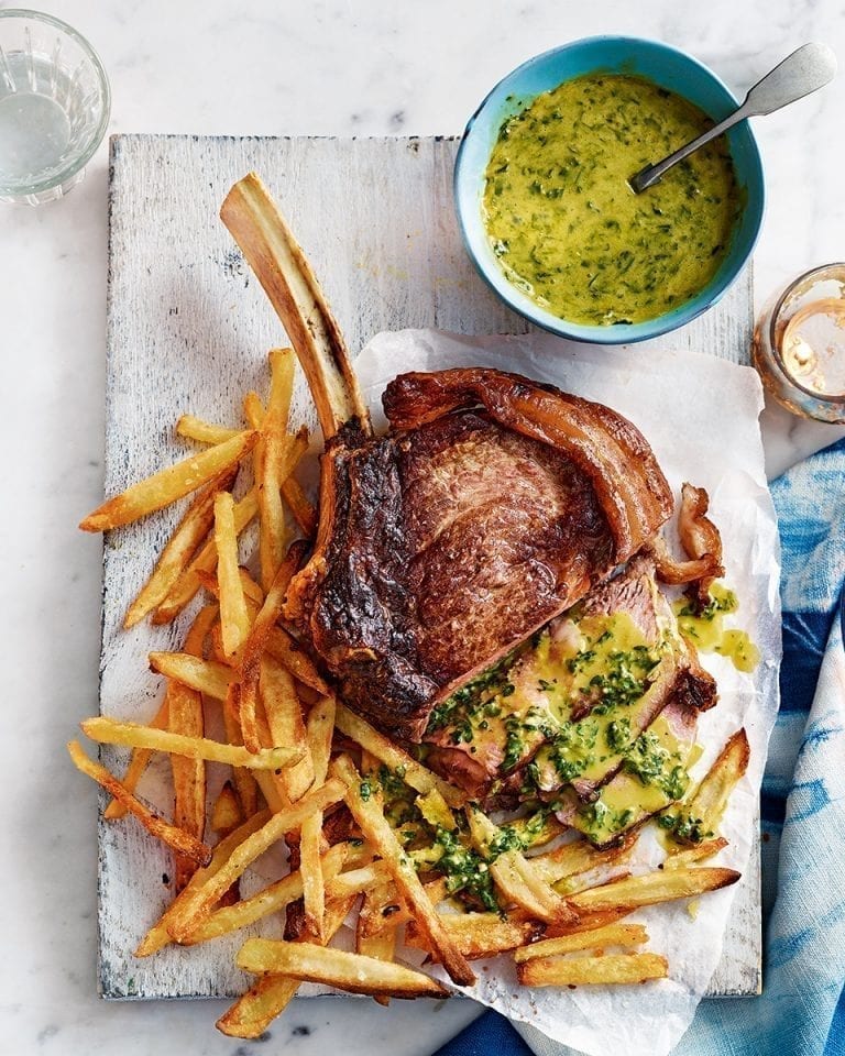 Rib steak with pesto hollandaise and skinny oven chips