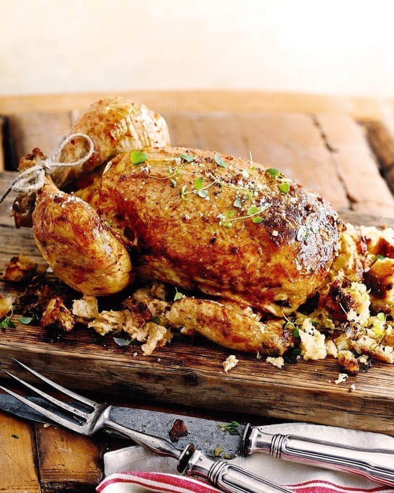 Roast chicken with bread stuffing