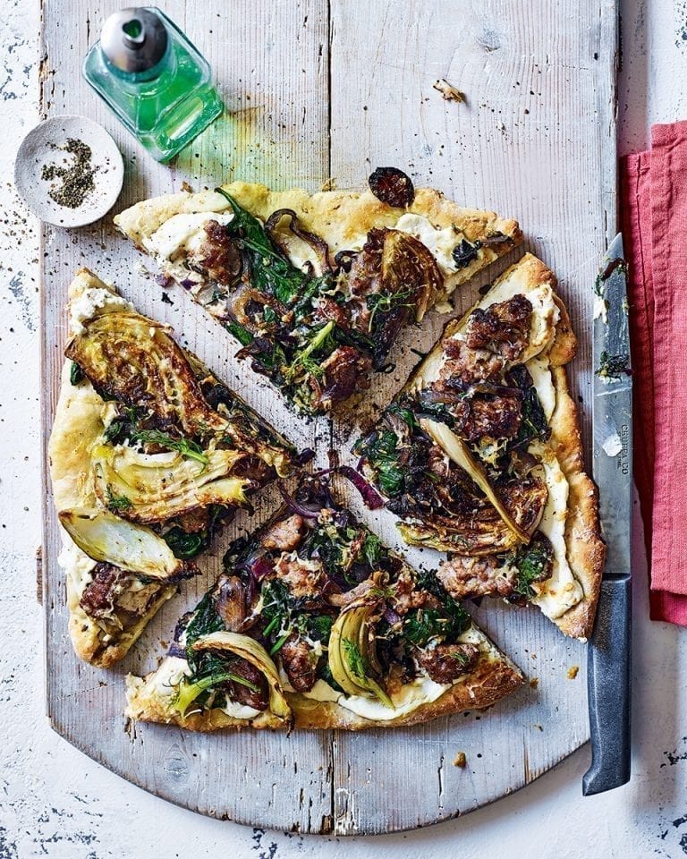 Sausage, fennel and chilli griddle-pan pizza