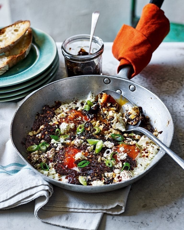 Fried eggs with feta and spiced onion jam