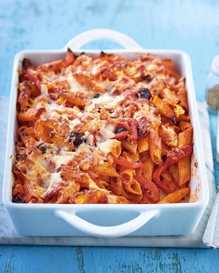 image of Roasted Red Pepper, Spinach and Goat’s Cheese Pasta Bake recipe by Delicious Magazine