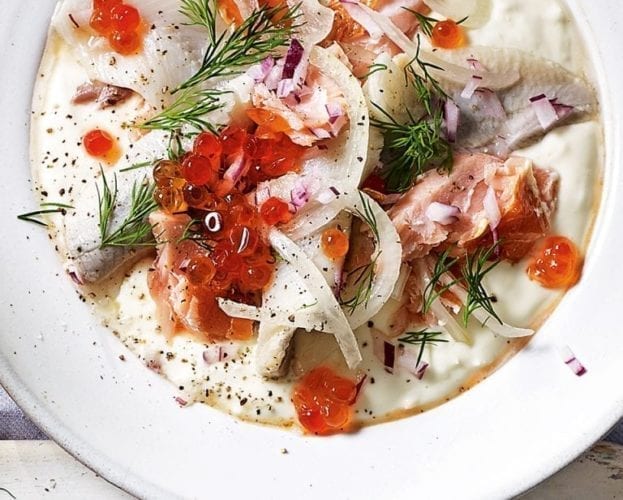 Pepparrotssås (horseradish sauce) with pickled herring and hot-smoked salmon