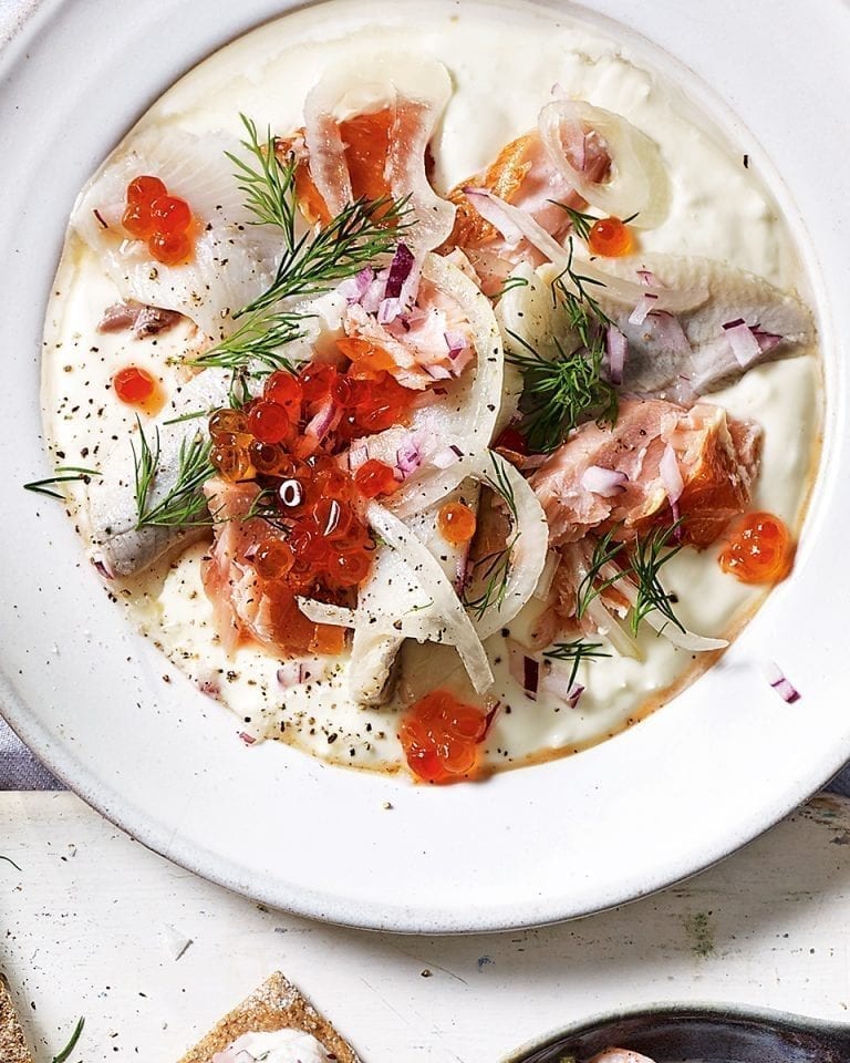 Pepparrotssås (horseradish sauce) with pickled herring and hot-smoked salmon