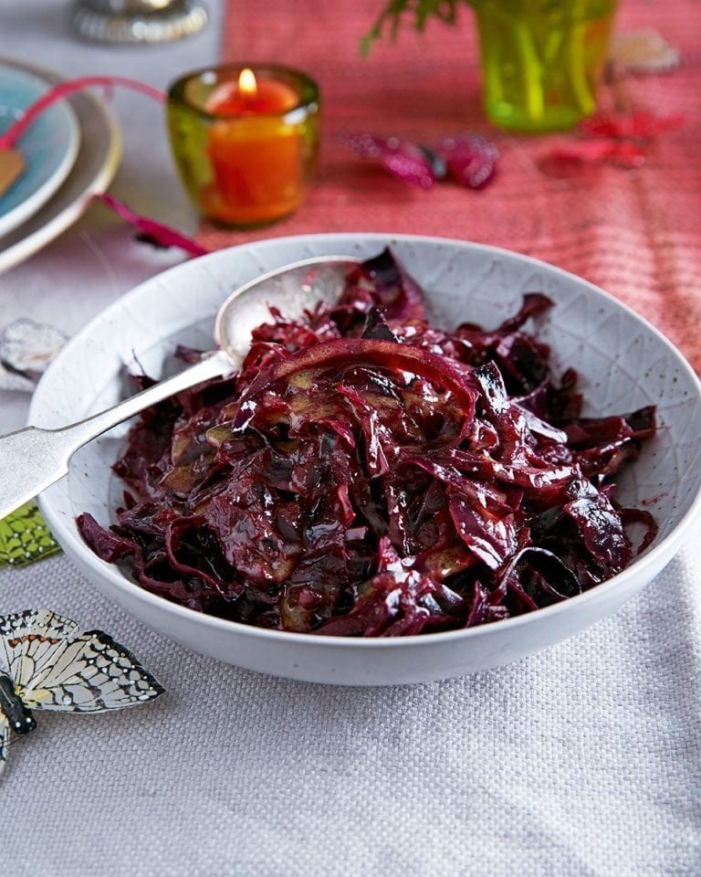 Braised red cabbage with apple & mustard vinaigrette recipe | delicious