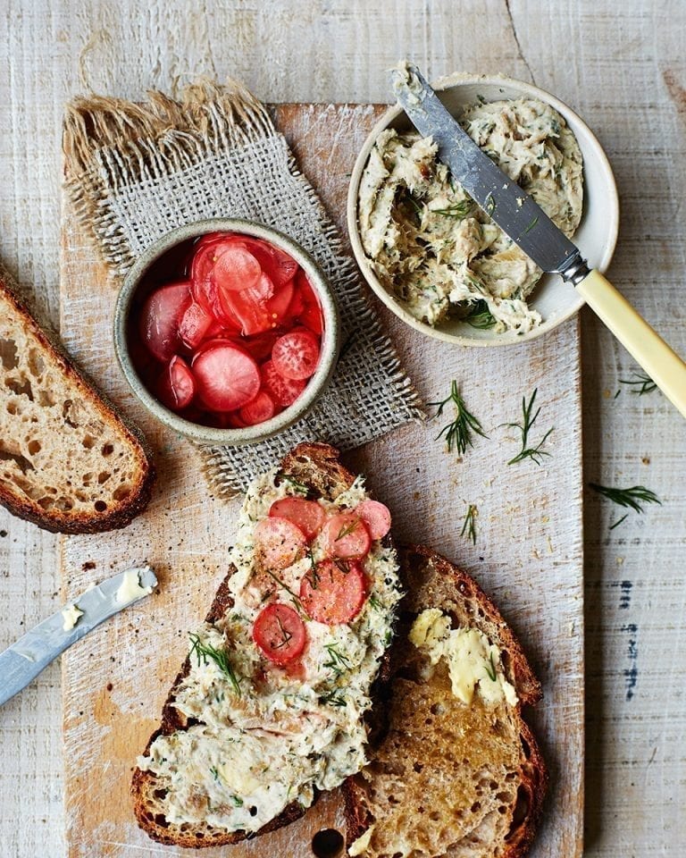 Mackerel pâté with quick-pickled radishes and spelt