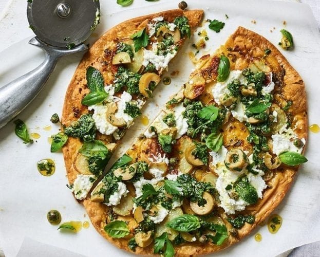 Potato, green tapenade and herb flatbread