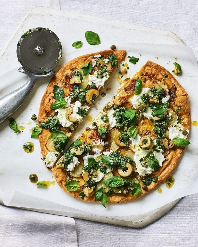Potato, green tapenade and herb flatbread recipe | delicious. magazine