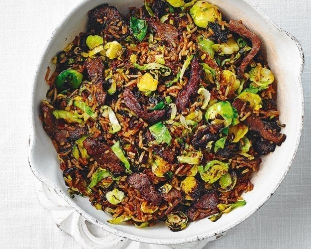 Sticky beef and charred brussels sprouts fried rice