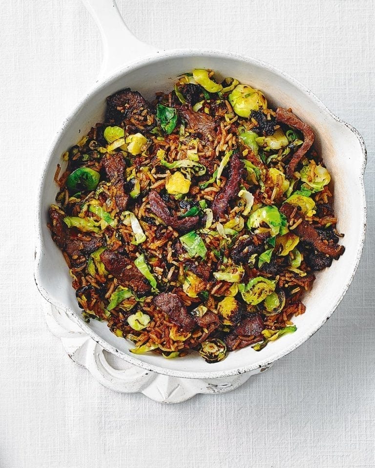 Sticky beef and charred brussels sprouts fried rice