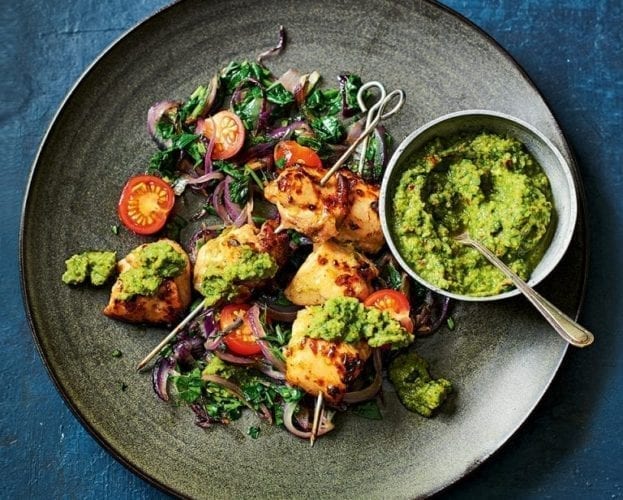 Five-spice chicken skewers with speedy chow mein
