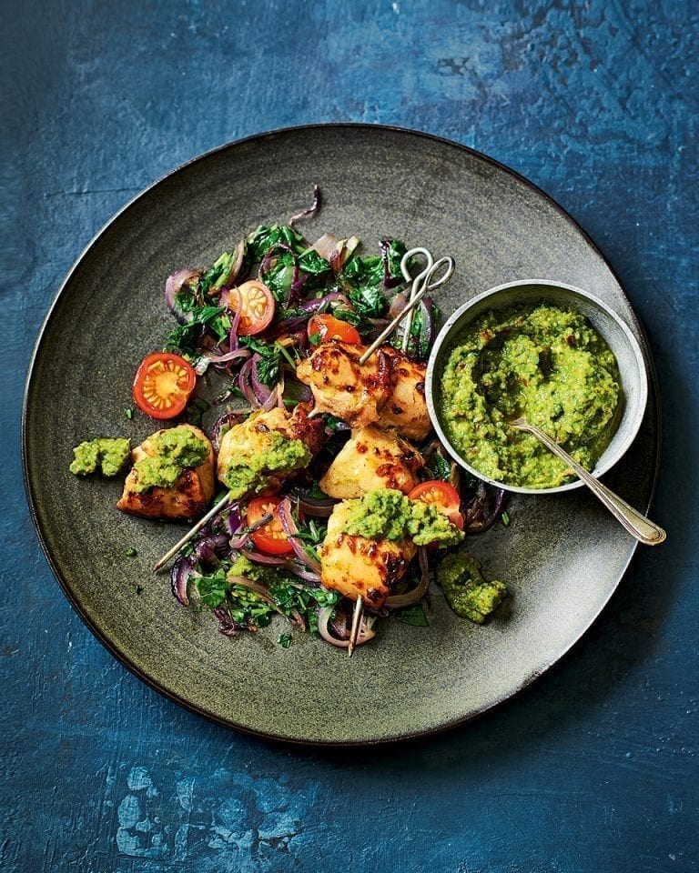 Spiced chicken skewers with apple and pea chutney