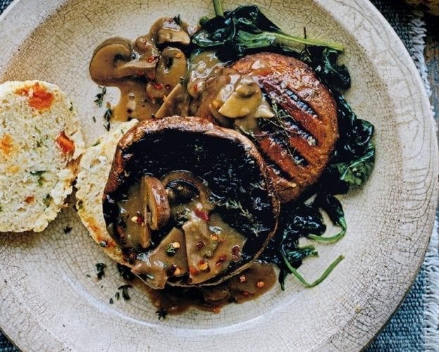 Sweet potato and jalapeño scones with gravy and maple mushrooms