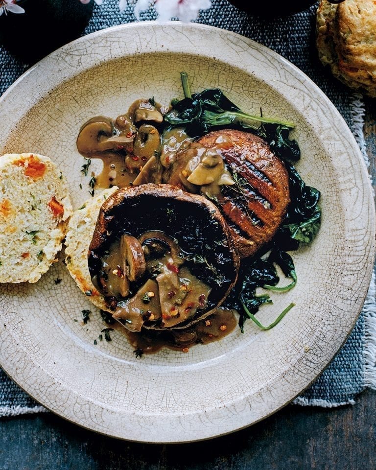 Sweet potato and jalapeño scones with gravy and maple mushrooms