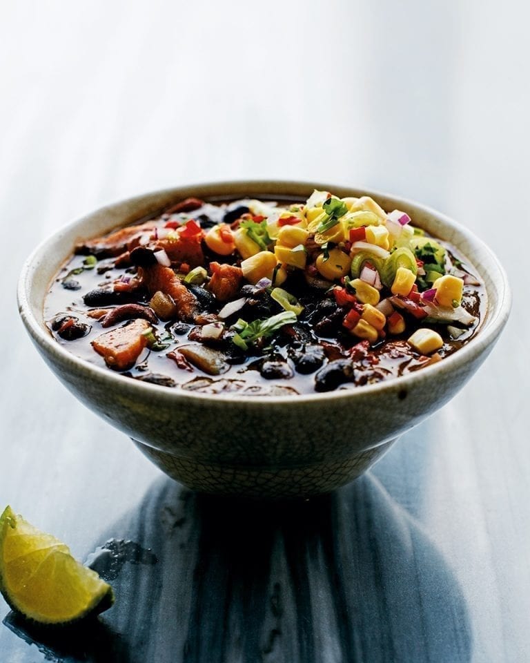 Brazilian black bean soup with raw corn salsa