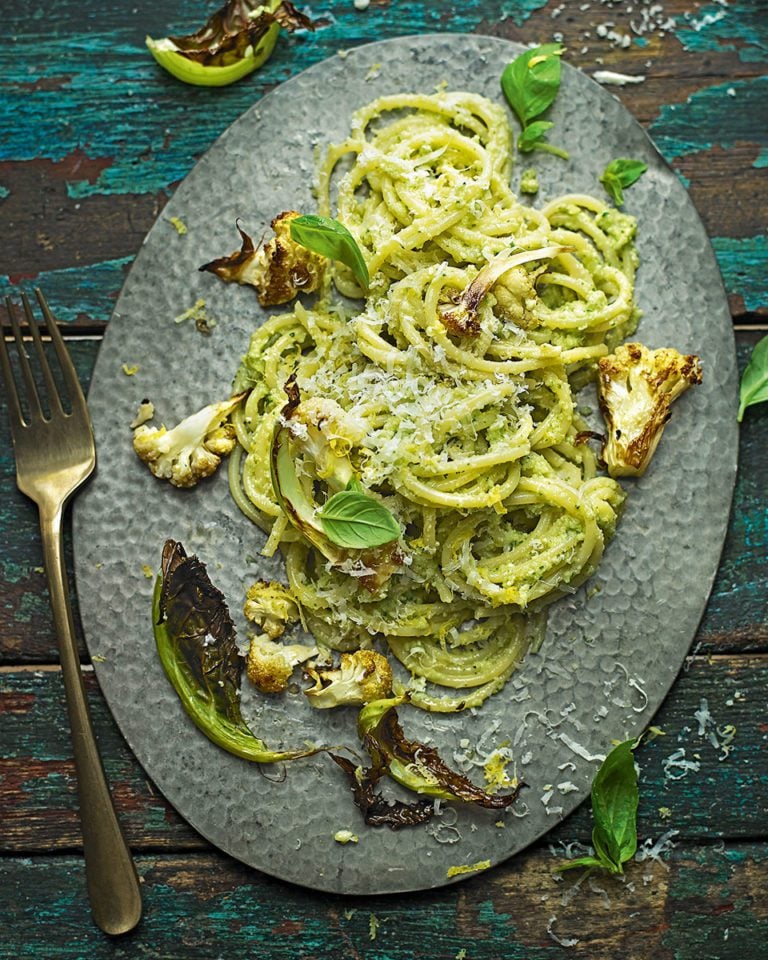 Spaghetti with roast cauliflower pesto