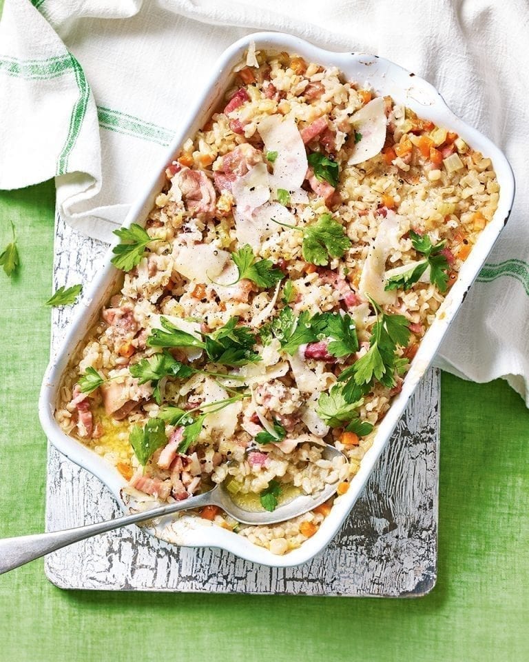 Oven-baked chicken, bacon and barley risotto