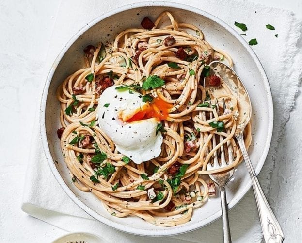 Creamy chorizo spaghetti with poached eggs
