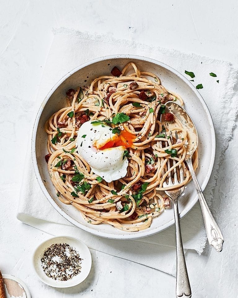 Creamy chorizo spaghetti with poached eggs