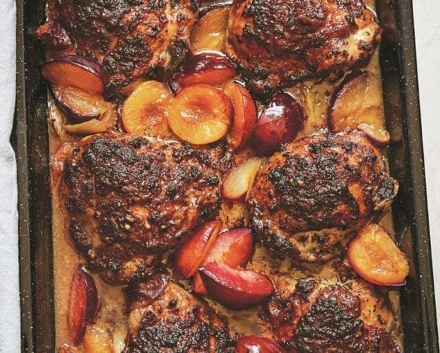 Chicken in plums and sweet spice traybake
