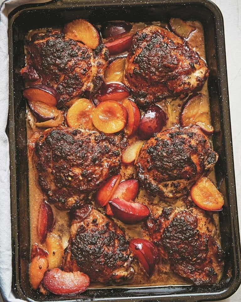 Honey & Co’s chicken, plum and sweet spice traybake