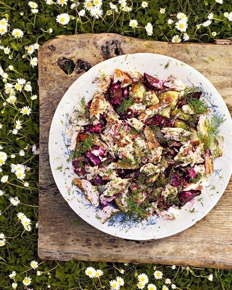 Hot-smoked trout, new potato and beetroot salad