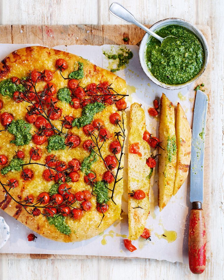 Theo Randall’s focaccia with pesto and vine tomatoes