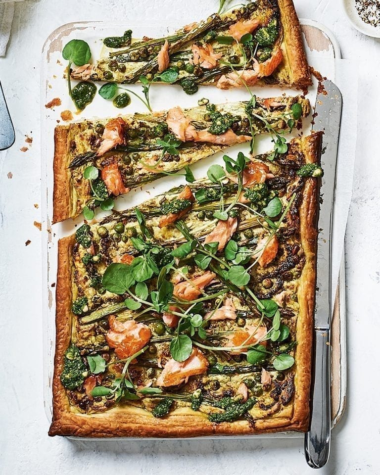 Hot-smoked salmon and asparagus tart