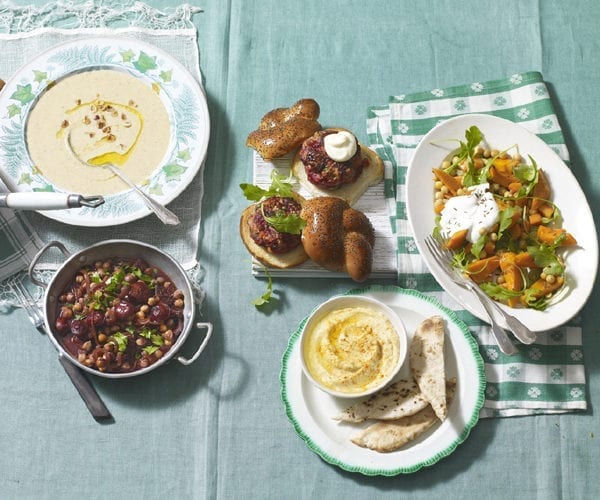Melon and feta salad with crispy chickpeas